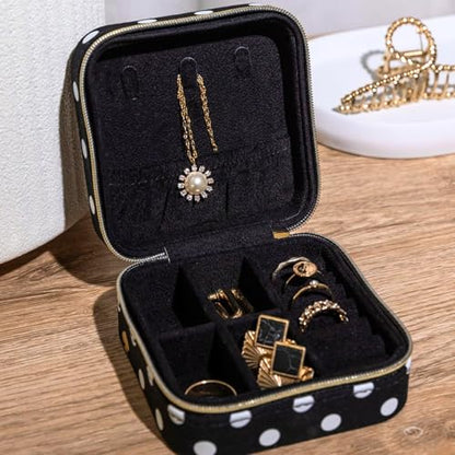 kate spade new york Travel Jewelry Case, Polka Dot | Small Square Case, Black and White Dotted Jewelry Box Organizer for Rings, Necklaces, Earrings On-the-Go with Zipper Closure