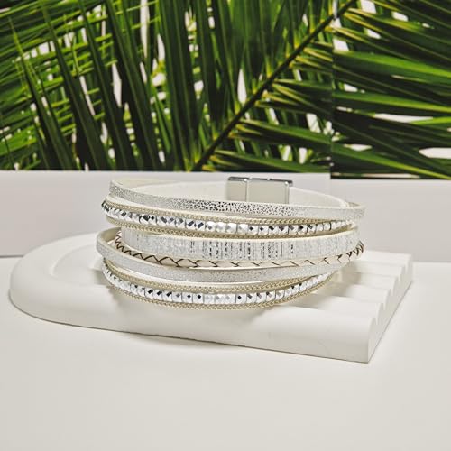 ZMANYIJEW Leather Wrap Bracelets for Women,Boho Cuff Bracelets Multi-Layer Crystal Beads Cuff Bracelet Multilayered Leopard Leather Braided Bangle Wrist Cuff Bangles - style: white