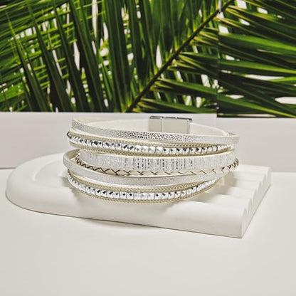 ZMANYIJEW Leather Wrap Bracelets for Women,Boho Cuff Bracelets Multi-Layer Crystal Beads Cuff Bracelet Multilayered Leopard Leather Braided Bangle Wrist Cuff Bangles - style: white