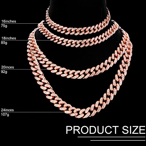Batiyeer 3 Pcs Cuban Link Chain Necklace Bracelet Rhinestone Hoop Earrings Bling Crystal Hip Hop Jewelry for Women(16 Inch,Rose Gold) - color: Rose Gold, size: 16 Inch