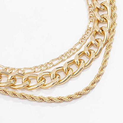Aimimier 3Pcs Punk Cuban Link Chain Choker Necklace Twist Rope Necklace Chunky Figaro Chain Prom Party Festival Accessory for Women - color: Gold
