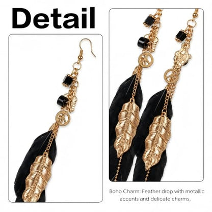 FRESHME Native American Earrings for Women - Ethnic Boho Feather Dangle Jewelry with Tessel for Birthday Party Photoshoot - color: Black
