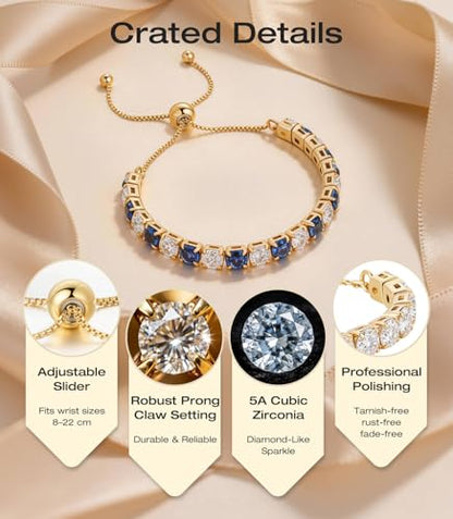 Lovans 14K Gold Plated Tennis Bracelets,White/Yellow/Rose Gold-plated Adjustable Cubic Zirconia Tennis Bracelet for Women - color: Gold, size: 5MM Blue