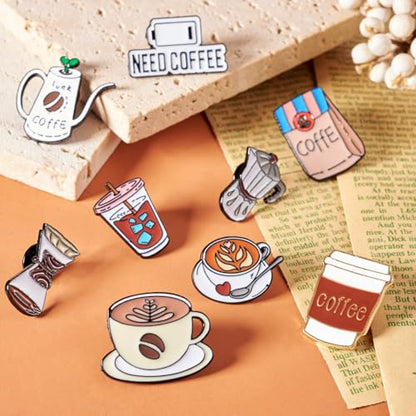 9Pcs Coffee Theme Enamel Pins Coffee Mug Pot Drink Cup Brooch Badges Cute Drink Lapel Badges for Backpacks Bags Hats Clothing Decorative Supplies