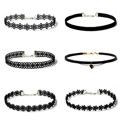 Maxforever 6 PCS Necklaces Black Velvet Choker Set Classic Gothic Tattoo Lace Chokers | 6 Pcs Black Choker Set - Lace Velvet PU Leather, Adjustable Chain, Perfect for Daily Wear, Parties, Gothic Style & Gifting