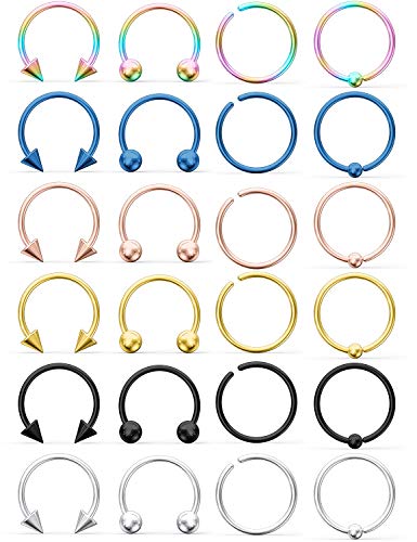 Ruifan 316L Surgical Steel CBR Horseshoe Circular Rings Nose Eyebrow Tragus Lip Ear Hoop Ring Piercing 20G 8MM 10MM 12-24PCS - style: 24PCS - 20G 3/8" (10mm)