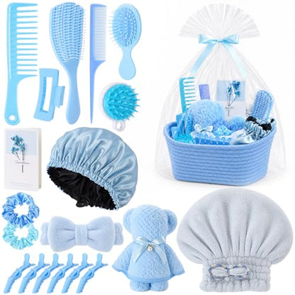 20 Pcs Gift Basket for Women Hair Care Pack Includes Self Care Beauty Set Hair brush Set for Women, Mom Friend Sister Wife Grandma Girlfriend Daughter(Blue) - color: Blue