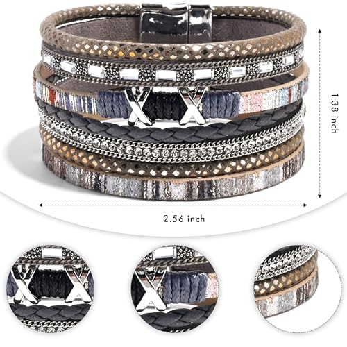 VIBILIA Boho Leather Wrap Bracelets for Women Multi-Layer Bracelets | With Strong Clasp Jewelry for Women - color: 02-XxMilletBead-Gray