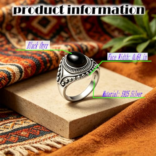 Retro Eye Shape Punk Ring, Jade Agate Natural Gemstone, S925 Sterling Silver, Wide Band, Cocktail Party Bohemian Jewelry for Women - color: Ring_B
