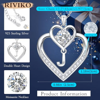 RIVIKO 1 Carat Moissanite Heart Initial Necklace for Women,Letter Pendant | 925 Sterling Silver Chain,Personalized Jewelry,Anniversary Birthday Gifts for Wife Friend Mom - color: Letter J