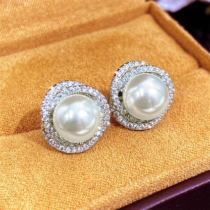 Gorgeous Imitation Pearl Stud Earrings Full CZ Elegant Women Earrings - color: E2316