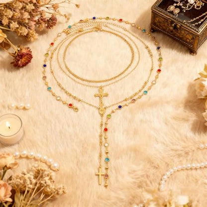Cross Necklace for Women Gold Layered Long Cross Pendant Necklace Pearl Lariat Statement Necklaces Christian Gifts - color: A1:gold