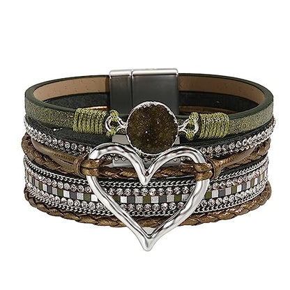 Womens Love Heart Leather Wrap Bracelet Multi-layer Stacked Bangle | Magnetic Clasp Soft PU Leather Resin Stone Rhinestone Boho Style Birthday Valentine Christmas Bohemian Jewelry Gift - color: Grass Green