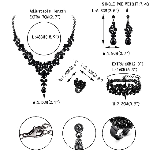 EVER FAITH Rhinestone Crystal Bridal Floral Wave Teardrop Necklace Earrings Set - color: 4pcs_Black Black-Tone