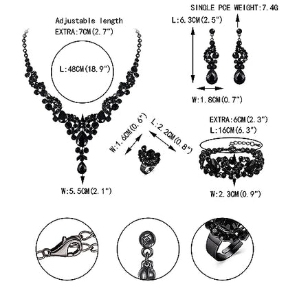 EVER FAITH Rhinestone Crystal Bridal Floral Wave Teardrop Necklace Earrings Set - color: 4pcs_Black Black-Tone