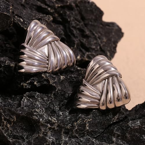 Geometric Ribbon Stud Earrings for Women, 14K Gold Plated Stainless Steel Hypoallergenic Chunky Statement Geometric Dangle Drop Earrings, Striped Stud Earrings - color: Silver