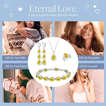 LMXXVJ Necklace Long Earrings Bracelet Set, White Gold Plated Created Blue Sapphire Jewelry Set Wedding Party Gift Jewelry for Women Bridal Bridesmaid - color: White Gold-Yellow Ring