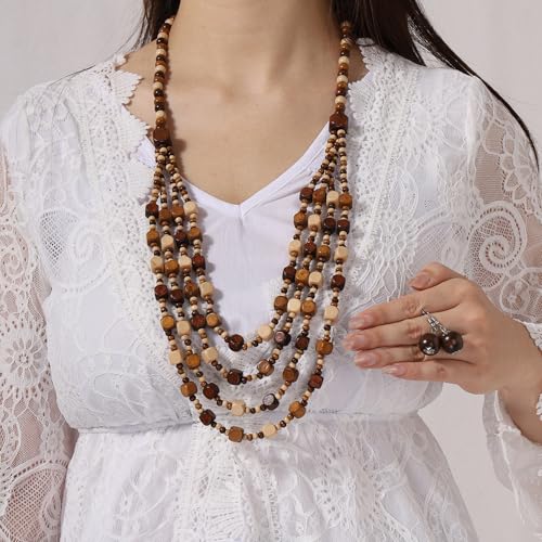 Wood Beads Necklace & Earrings for Women Chunky Multi-Layering Choker Necklace Ear Pendant - color: C
