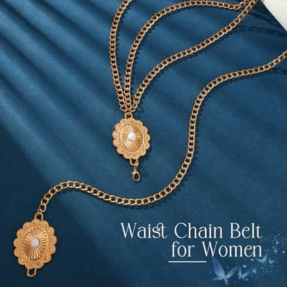 Chain Belt for Women Fashion Multilayer Metal Waist Chain Dress Belt Adjustable - size: Fit Waist Up to 53'', style: Gold-E