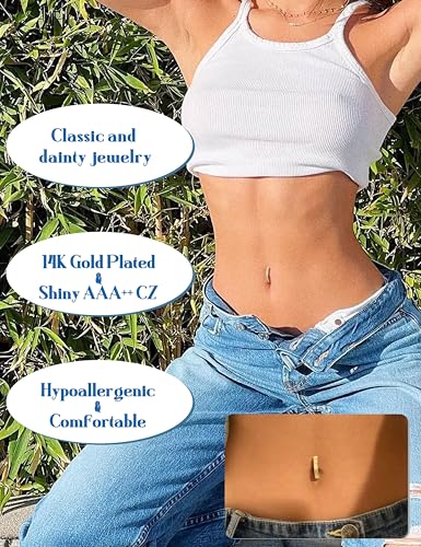 JeryWe Hypoallergenic Belly Button Ring Surgical Stainless Steel - Dainty Dangle Navel Piercing Jewelry CZ Bow Heart Ball Pearl Clicker Piercings for Women - color: 14K Gold Plated