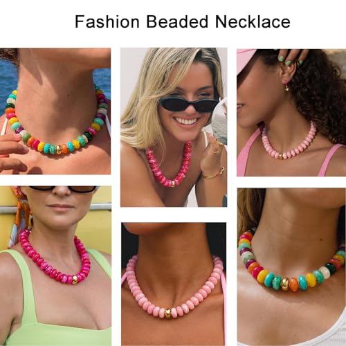 Beaded necklace for Women Boho Bead Gemstone Chunky Necklace Big Bead Necklace Fashion Trendy Summer Necklaces Jewelry Gifts - color: Colorful&GD Beaded