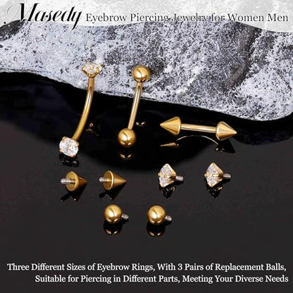 3PCS 16G 18G G23 Pure Titanium Eyebrow Piercing for Women Men Curved Barbell Tiny Eyebrow Ring Vertical Labret Lip Jewelry Internally Threaded Rook Helix Conch Daith Piercing Jewelry - color: Gold, size: 16G
