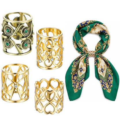 4Pcs Retro Silk Scarf Ring, Alloy Silk Scarves Ring Slide Clips Owl Scissors Vines Heart Cutouts Designs - color: Gold
