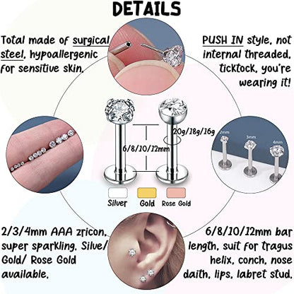 PunkTracker 16g/18g/20g Threadless Lip Rings Tragus Earrings Surgical Steel | Helix Conch Cartilage Earrings Monroe Piercing Jewelry for Women Men Labret Studs - color: 16G, Rose Gold, Claw CZ, 6mm Length
