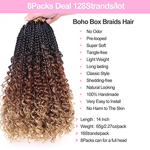 Unionbeauty 8 Packs 14 Inch Boho Box Braids Crochet Hair with Curly Ends Bob Bohemian Hippie Braids Pre-looped Messy Goddess Box Braids Hair Ombre Synthetic Braiding Hair Extension for Black Woman 53# - color: 53#, size: 14 Inch (Pack of 8)