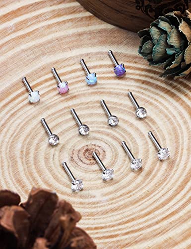 Cisyozi 18G 20G 22G Nose Rings Studs Surgical Steel Nose Stud Set 1.5mm 2mm 2.5mm 3mm Diamond Cubic Zirconia Opal Screw L Shaped Straight Nose Piercing Jewelry for Women Men - color: A:22G-Bone -2.5mm
