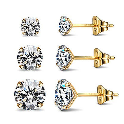 925 Sterling Silver Earrings, Cubic Zirconia Stud Earrings, Diamond Stud Earrings for Women - color: 14K Gold - 4mm, 5mm, 6mm