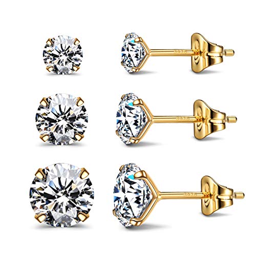 925 Sterling Silver Earrings, Cubic Zirconia Stud Earrings, Diamond Stud Earrings for Women - color: 14K Gold - 4mm, 5mm, 6mm