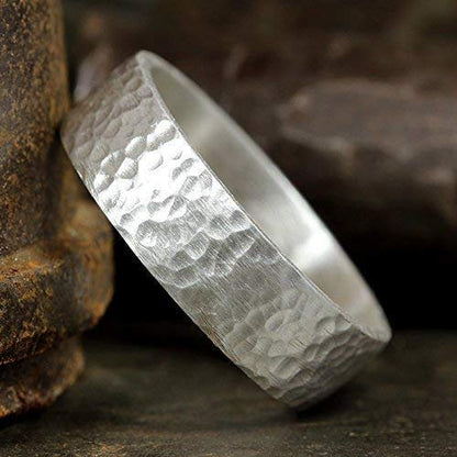 925 Sterling Silver Wedding Ring Hammered Flat Pipe Cut Textured Thick & Durable Handmade Unisex Mens & Women Rustic Engagement Promise Band - US Size 4-13 - Custom Engraving - color: 01 - 6mm Silver