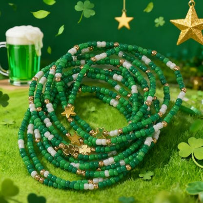 Gold Beaded Bracelets Stack for Women Stocking Stuffers 12PCS Boho Gold Plated Seed Beads Bracelet Stretch Star Stackable Accessories Jewelry Friendship Fall Christmas Gifts for Women - color: 10pcs- Green St.Patrick's Day Bracelet