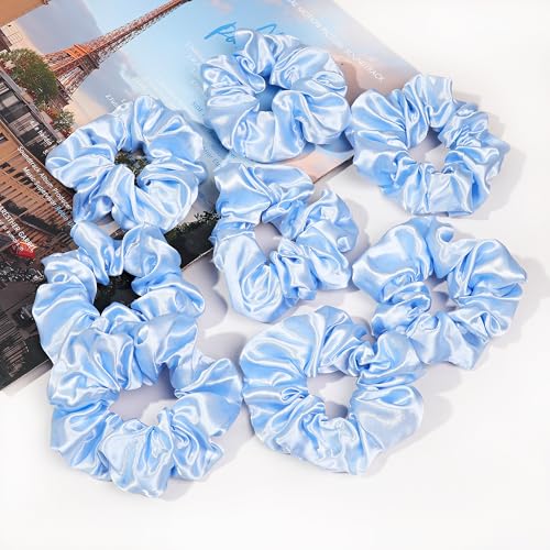 16 Pcs Satin Blue Hair Ties and Ponytail Holders - Big Scrunchies for Women's Thick Curly Hair, No Crease or Damage, Cute Pony Tails for Girls - color: Bright Blue