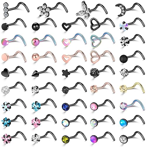 36-44 Pcs 18G 20G Nose Rings Studs Nose Rings for Women Nose Piercings Jewelry Surgical Stainless Steel Nose Studs Moon Star Heart Butterfly Hypoallergenic Body Piercing Jewelry for Women Men - color: 20G Black A-Screw- 44 Pcs