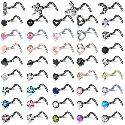 36-44 Pcs 18G 20G Nose Rings Studs Nose Rings for Women Nose Piercings Jewelry Surgical Stainless Steel Nose Studs Moon Star Heart Butterfly Hypoallergenic Body Piercing Jewelry for Women Men - color: 20G Black A-Screw- 44 Pcs