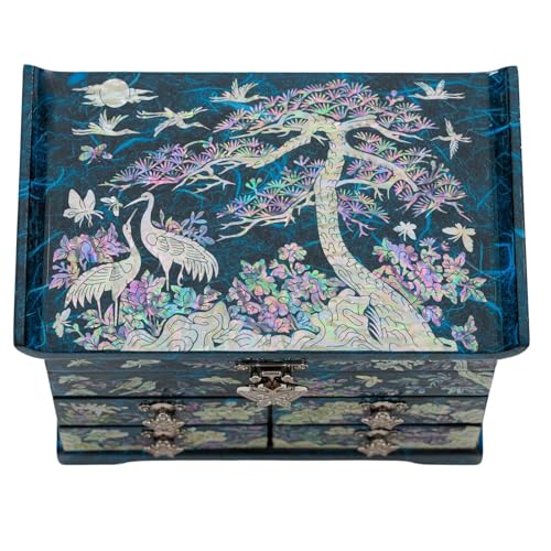 February Mountain Elegant Mother of Pearl Jewelry Box – Handcrafted Wooden Chest with Intricate Butterfly and Crane Designs, 4 Drawer Storage, and Red Velvet Interior – Ideal Gift for Women - style: Crane and Pine Tree - Blue