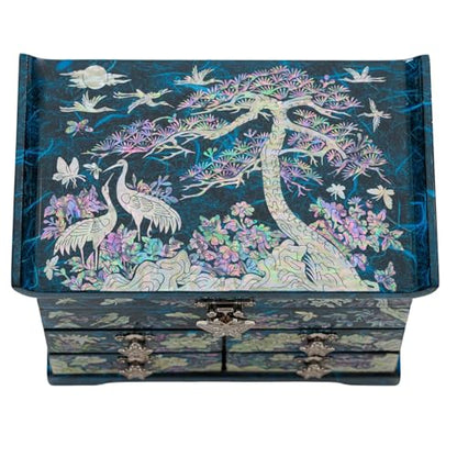 February Mountain Elegant Mother of Pearl Jewelry Box – Handcrafted Wooden Chest with Intricate Butterfly and Crane Designs, 4 Drawer Storage, and Red Velvet Interior – Ideal Gift for Women - style: Crane and Pine Tree - Blue