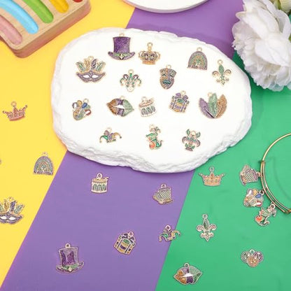 MARFOREVER 40 Pcs/20 Pairs Glitter Mardi Gras Charms for Jewelry Making | Mardi Gras Gifts, Carnival Mask Jester Fleur-de-lis Charms Pendants, Bracelets Necklace Earrings, DIY Crafts Accessories - style: Mardi Gras