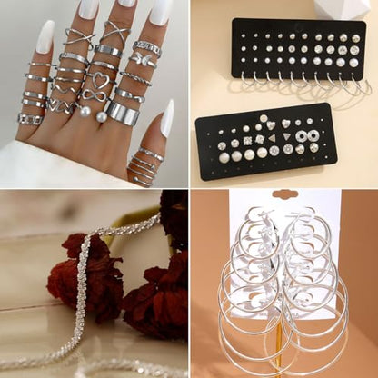 116 Pcs Silver Jewelry Set with 7Pcs Layered Necklace, 11 Pcs Bracelet and 22pcs Hoop Earrings ,22pcs Knuckle Rings,54pcs stud earrings Jewerly set For Women Valentine Anniversary Birthday Friendship Gift