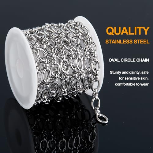 KYUNHOO 2M Oval Circle Chains for Jewelry Making Findings with Connectors | Silver Chain Roll 304 Stainless Steel Jewelry Chain Spool for Jewelry Making Supplies - color: Circle Silver