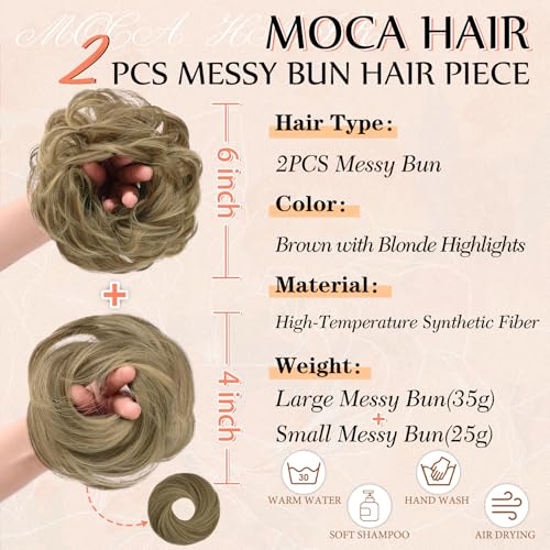 2PCS Messy Bun Hair Pieces Synthetic Hairpieces For Women | Messy Bun and Donut Bun in one set for natural-looking volume and elegant updos for every occasion. - color: Brown with Blonde Highlights
