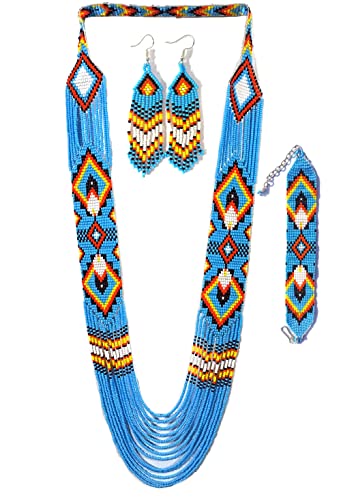 Weavish Layered Beaded Necklace – Boho Native Handmade Seed Bead Tassel Necklace, Bohemian Large Statement Beaded Necklace for Women - color: Blue