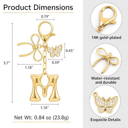 Gold Bubble Heart, Cherry, Bow & More Designs Letter Initial Keychain Bag Charms – Cute Purse Charms for Handbags - color: Bow & Butterfly, style: M