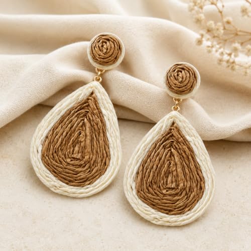 Handmade Rattan Teardrop Dangle Earrings for Women, Lightweight Boho Woven Statement Earrings with Gold Fish Hook, Natural Straw Weave Vacation Jewelry for Summer Beach - style: Ivory Brown Teardrop