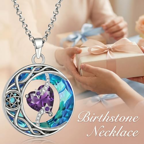 ONEFINITY Moon Star Necklace 18K White Gold Plated Celtic Moon Birthstone Pendant Necklaces Heart Birthstone Anniversary Birthday Jewelry Gifts for Women Wife Mom - style: February