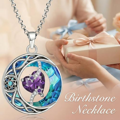 ONEFINITY Moon Star Necklace 18K White Gold Plated Celtic Moon Birthstone Pendant Necklaces Heart Birthstone Anniversary Birthday Jewelry Gifts for Women Wife Mom - style: February