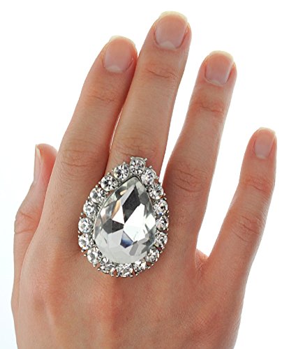 NYFASHION101 Radiant Teardrop Stone Adjustable Cocktail Statement Ring - color: Clear/Silver-Tone