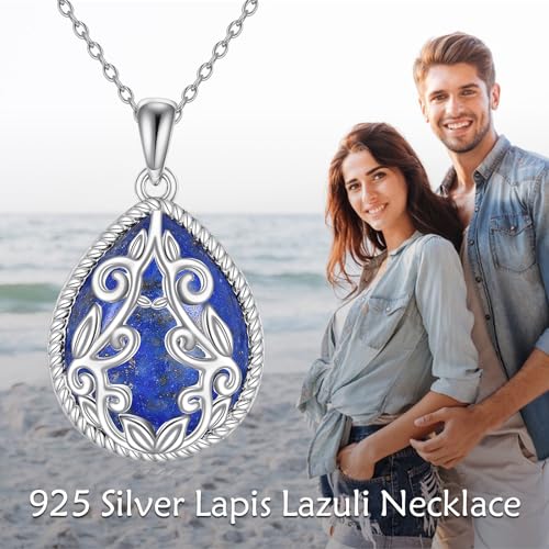 YAFEINI Teardrop Necklace Sterling Silver Filigree Irish Pendant Necklace Natural Stone Moonstone/Lapis Lazuli/Larimar/Moss Agate Necklace Jewelry - color: Lapis Lazuli Filigree Necklace